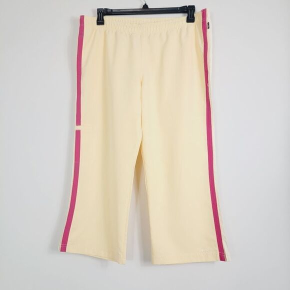 Vintage 90s Reebok Pink Racing Stripe Yellow Cargo Drawstring Cropped Pant L - Picture 2 of 10